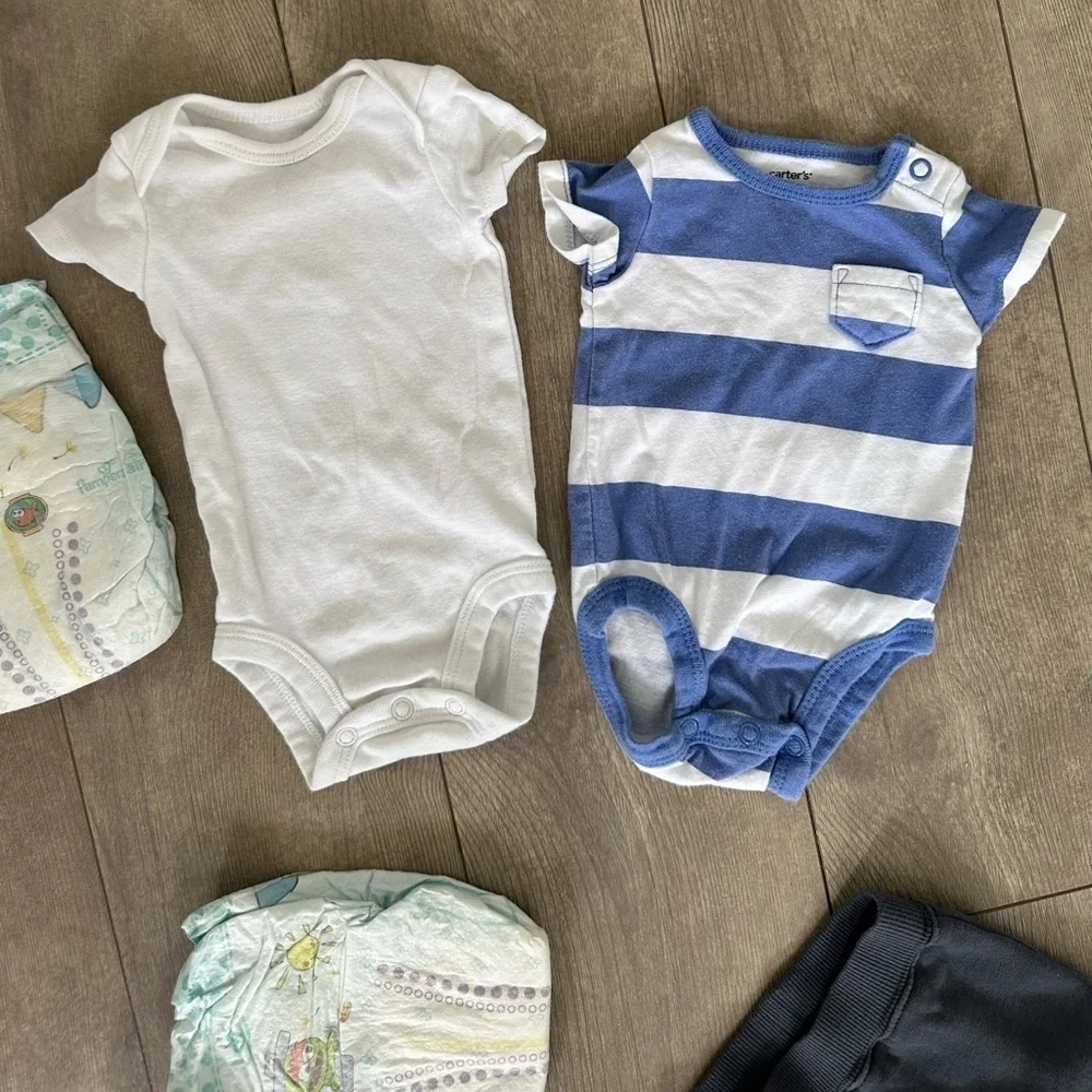 Newborn Carter’s Baby Boy matching outfit set clothes & two pampers diapers